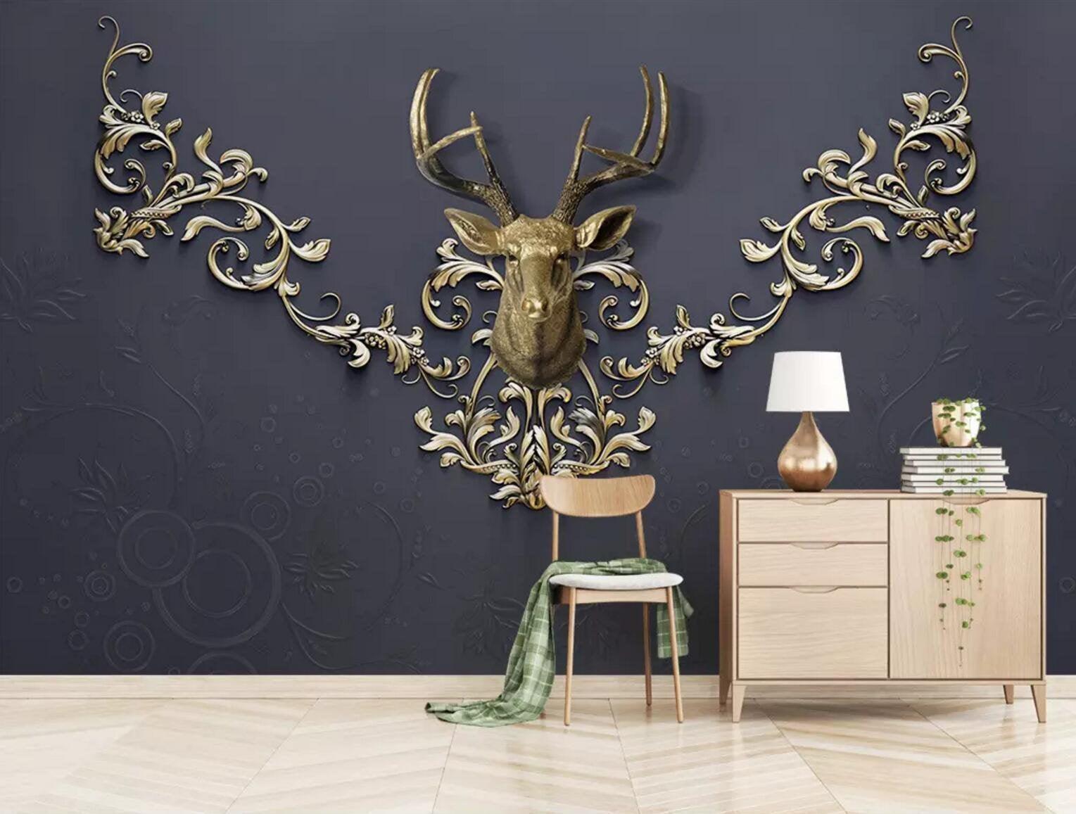 3D Dark background, Delicate decoration, Golden deer head Wallpaper,Removable Self Adhesive Wallpaper, Wall Mural,Vintage art,Peel and Stick- Jess Art Decoration