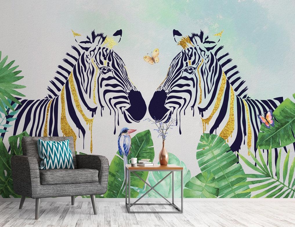 3D Watercolor, Tropical, Summer, Zebra Wallpaper- Jess Art Decoration