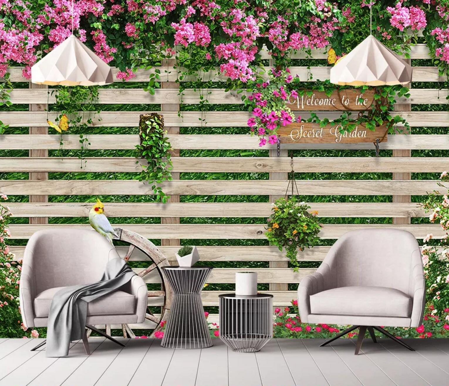3D Outside, Wooden fences, Pink flowers Wallpaper- Jess Art Decoration