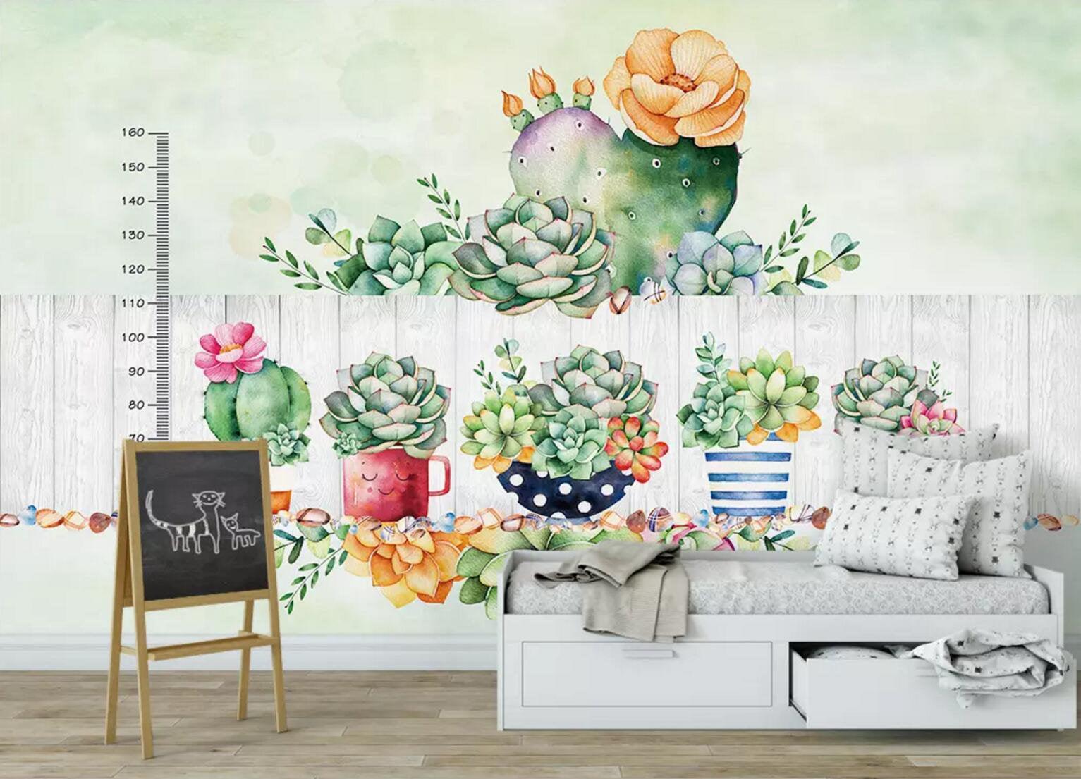 3D Kids, Watercolor, Succulent plant Wallpaper-Nursery- Jess Art Decoration