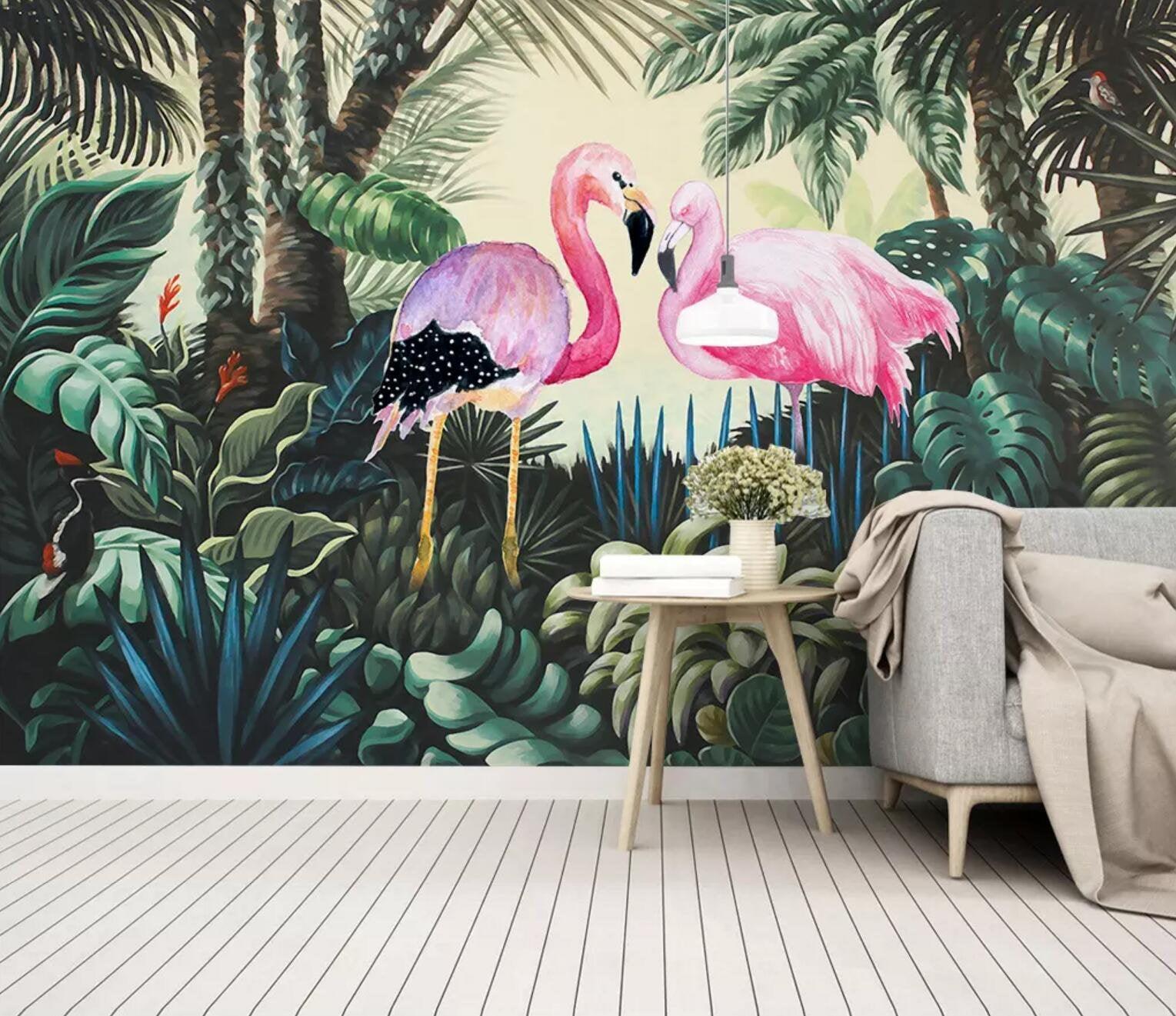 3D Tropical forest, Plant, Flamingo Wallpaper,Removable Self Adhesive Wallpaper, Wall Mural,Vintage art,Peel and Stick- Jess Art Decoration