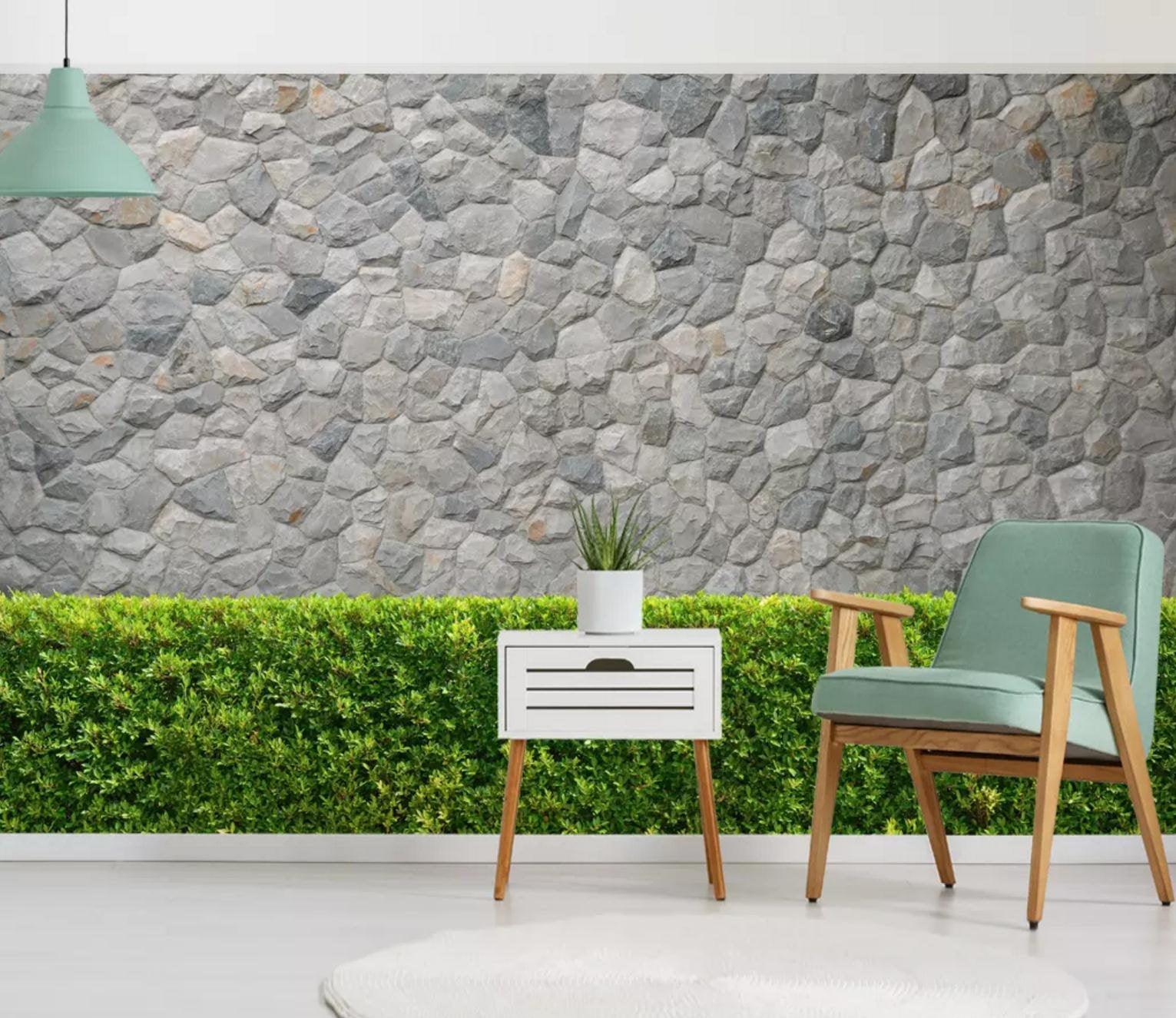 3D Stone walls, Green bushes Wallpaper- Jess Art Decoration