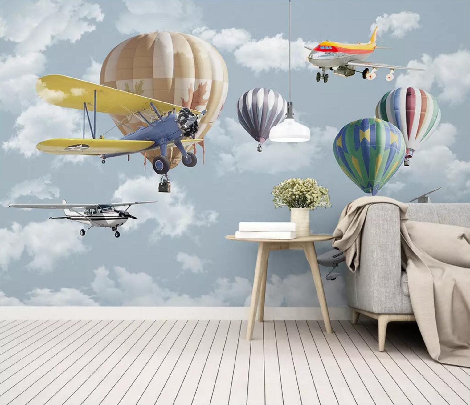 3D Blue sky, White clouds, Vintage aircraft Wallpaper- Jess Art Decoration