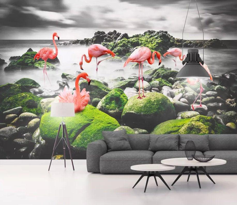 3D Black and white landscape background, Flamingo Wallpaper- Jess Art Decoration