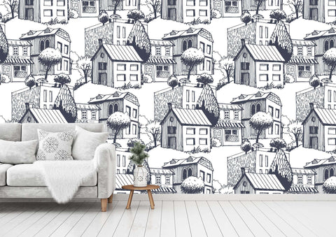3D Hand-painted house, Small town Wallpaper- Jess Art Decoration