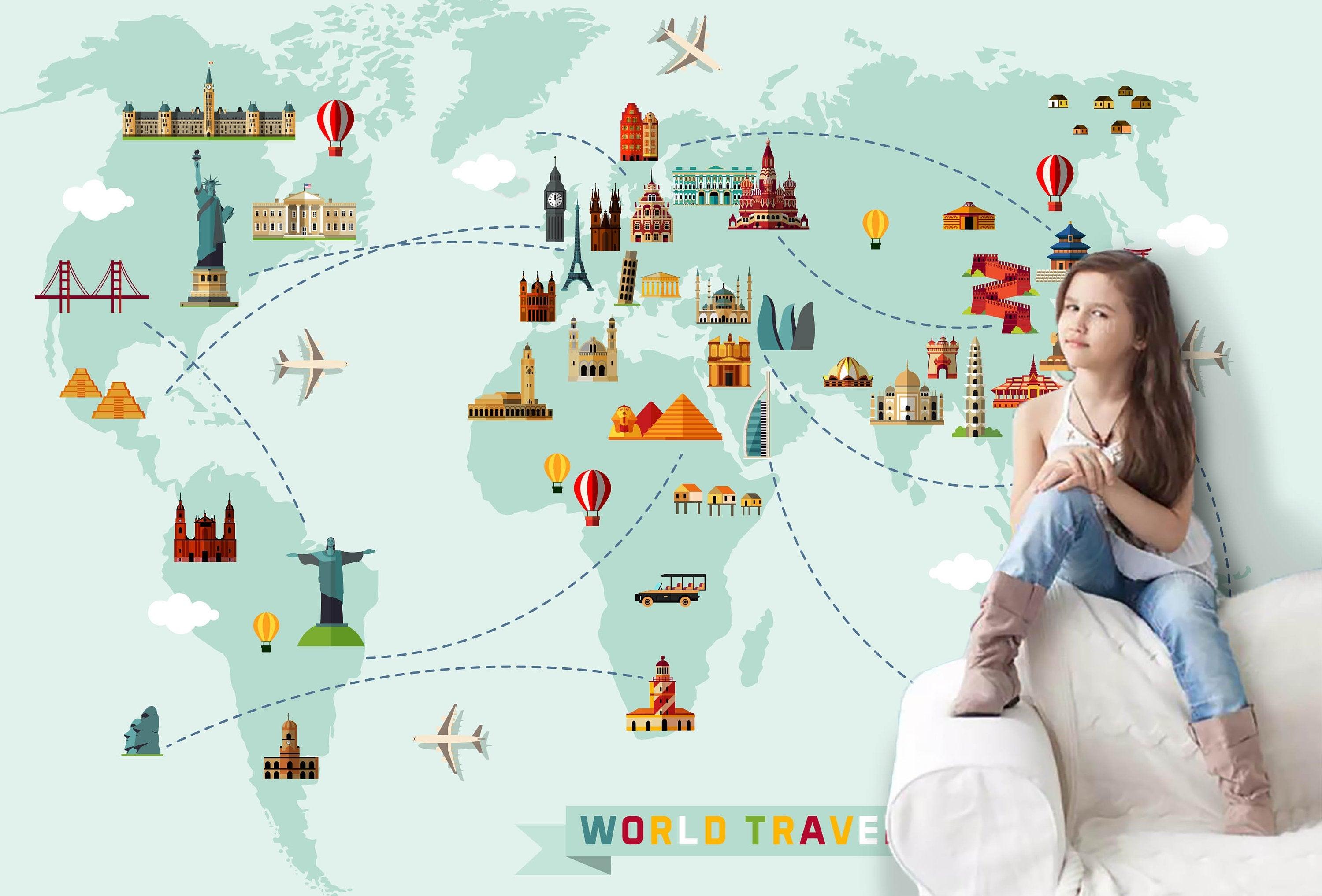 3D Kids, Famous building, World map Wallpaper-Nursery- Jess Art Decoration