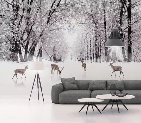 3D Beautiful, Snow, Woods, Elk Wallpaper- Jess Art Decoration