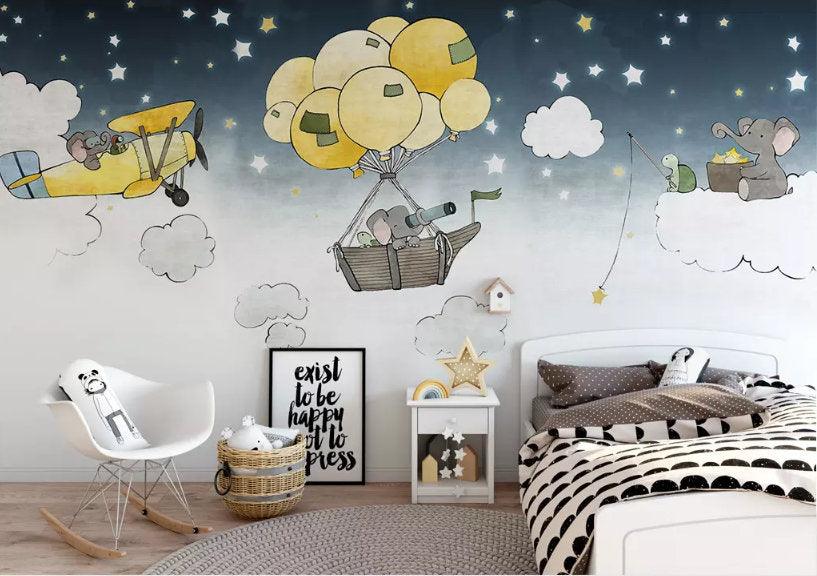 3D Kids, Hot air balloon, Elephant Wallpaper-Nursery- Jess Art Decoration