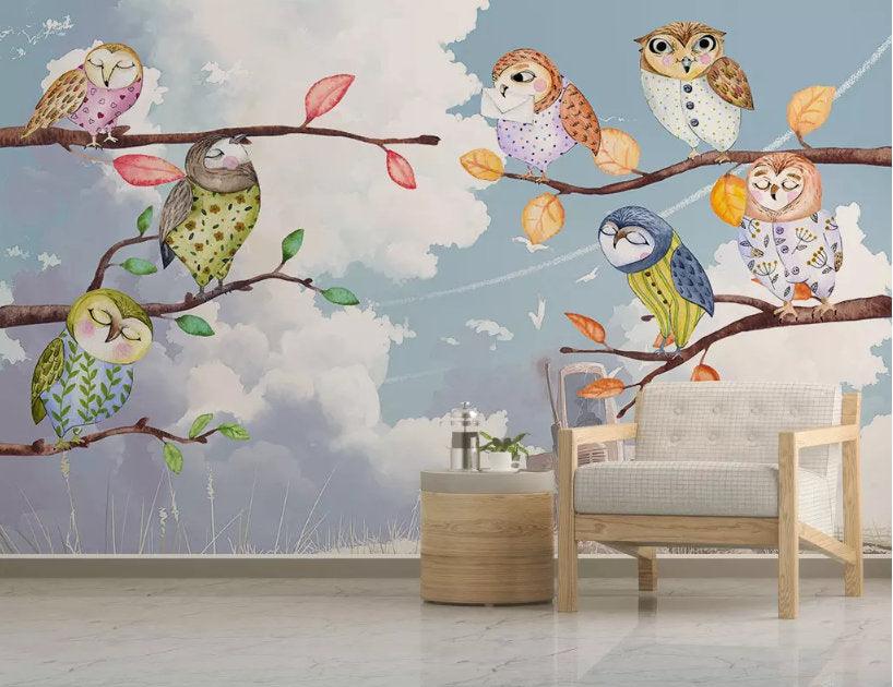 3D Kids,Branches, Colorful owl Wallpaper-Nursery- Jess Art Decoration