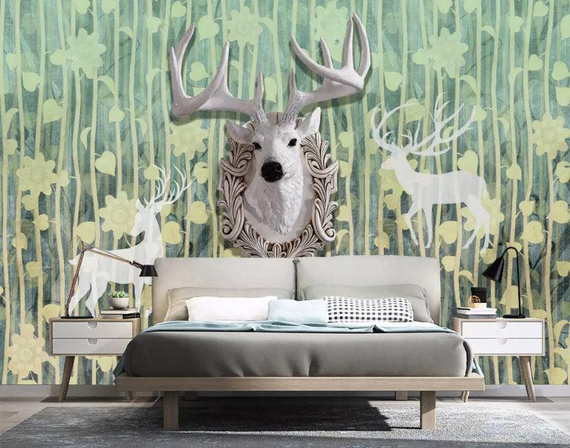 3D Green striped background, Vintage, Elk Wallpaper- Jess Art Decoration