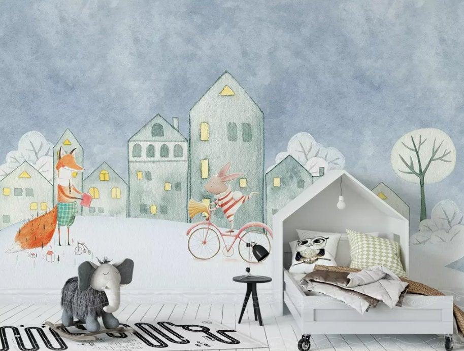 3D Kids, Cartoon, Snow, Fox Wallpaper-Nursery- Jess Art Decoration
