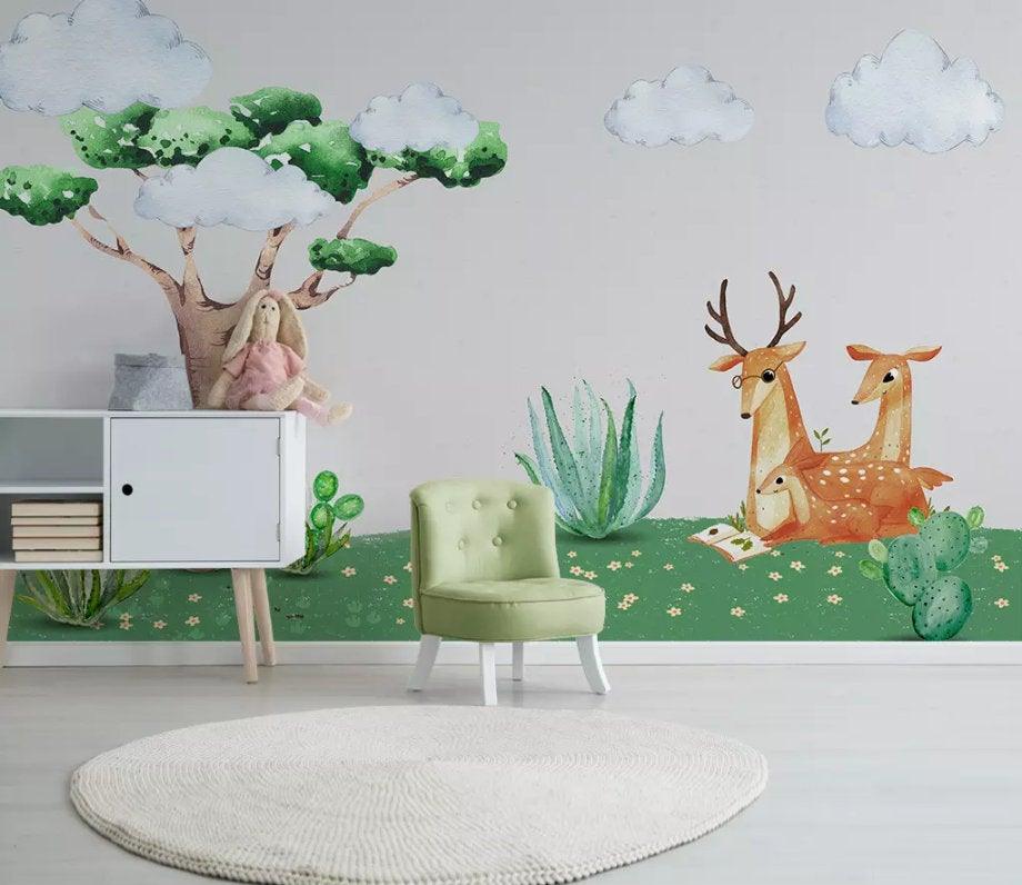 3D Kids, Woods, Sika deer, Cactus Wallpaper-Nursery- Jess Art Decoration