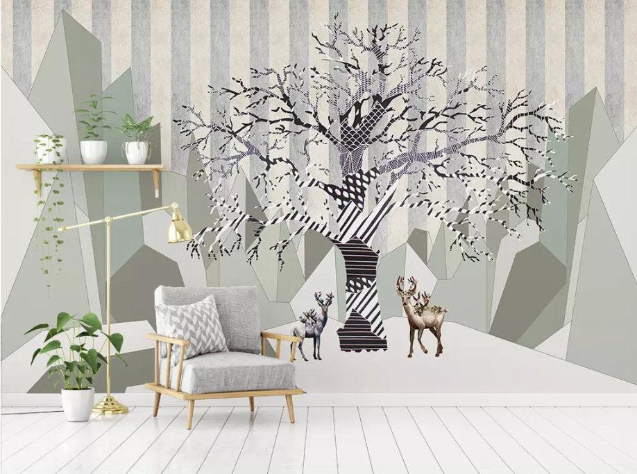 3D Abstract, Vintage, Abstract tree, Elk Wallpaper- Jess Art Decoration