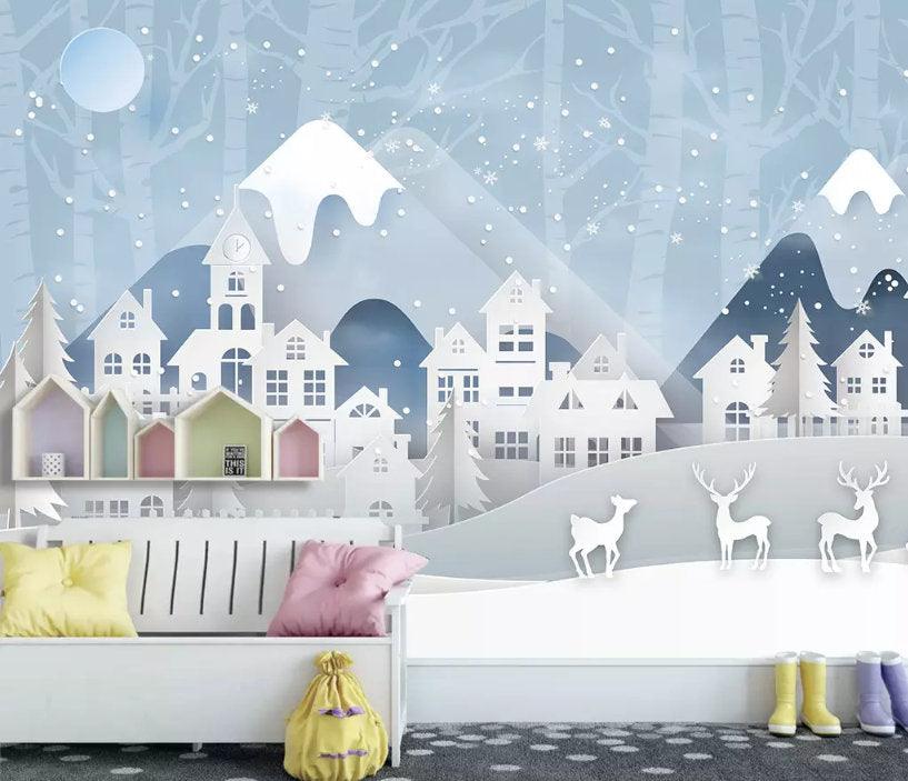 3D Kids, Deer in the snow Wallpaper-Nursery- Jess Art Decoration
