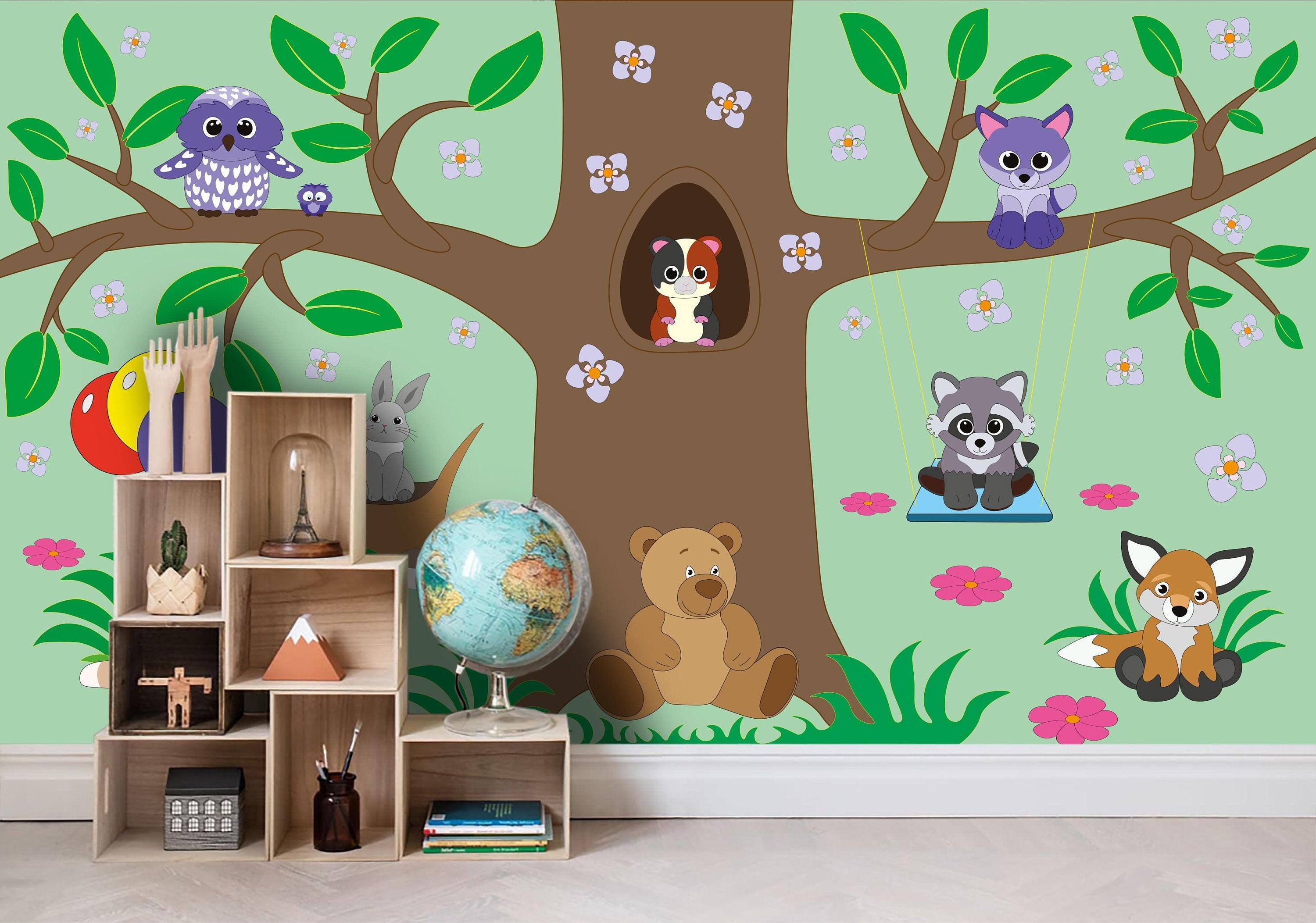 3D Kids, Cartoon, Tree hole, Raccoon Wallpaper-Nursery- Jess Art Decoration