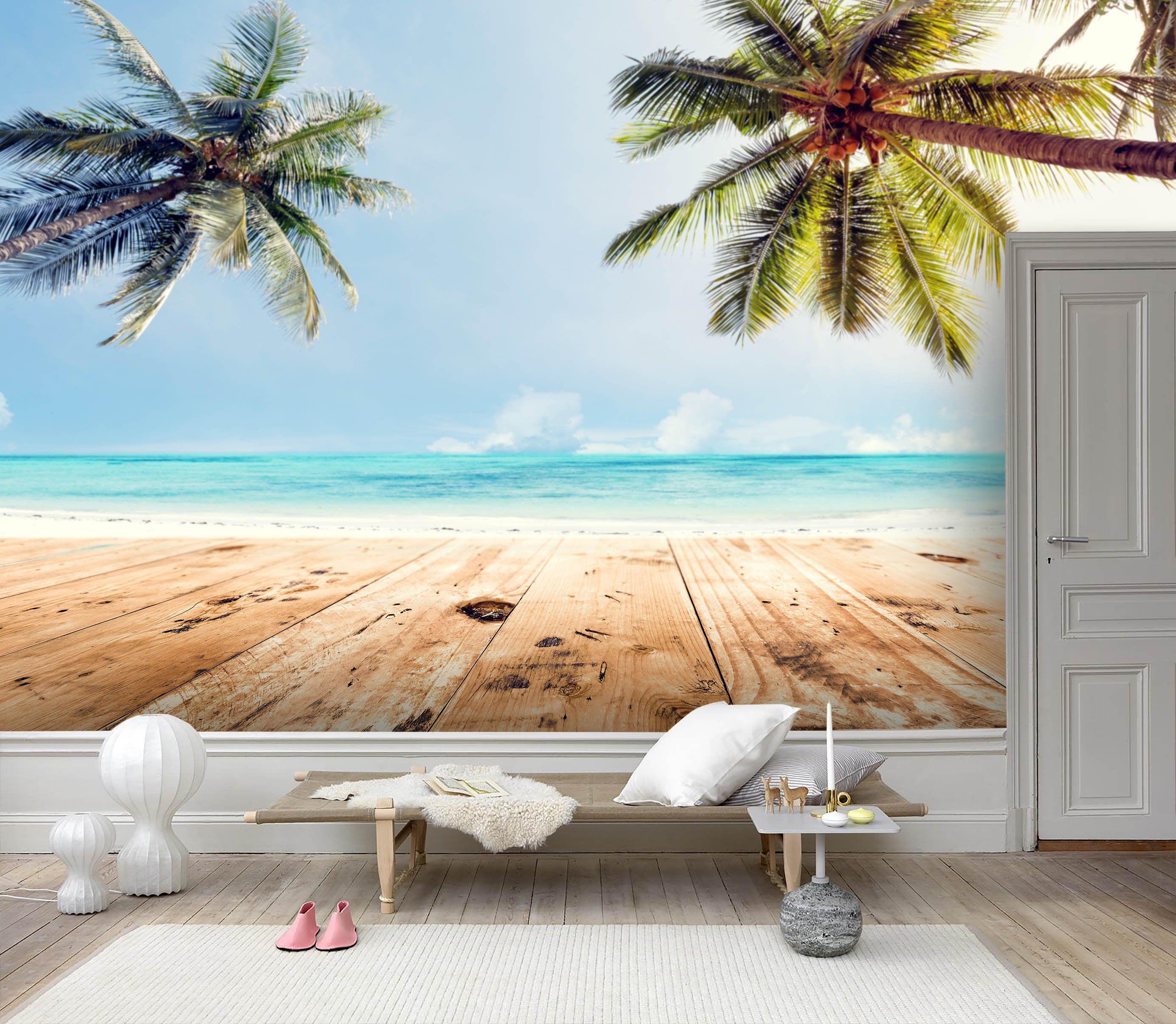 3D Beach, Coconut tree Wallpaper- Jess Art Decoration