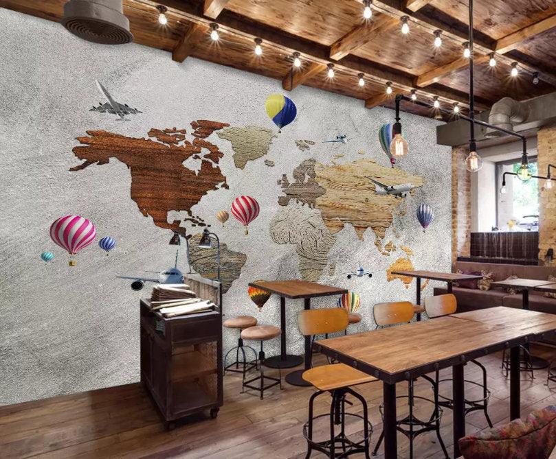 3D Vintage, hot air balloon, world map Wallpaper- Jess Art Decoration
