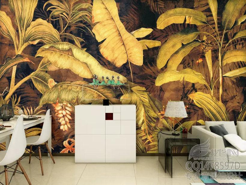 3D Golden, Tropical, Palm leaf Wallpaper- Jess Art Decoration