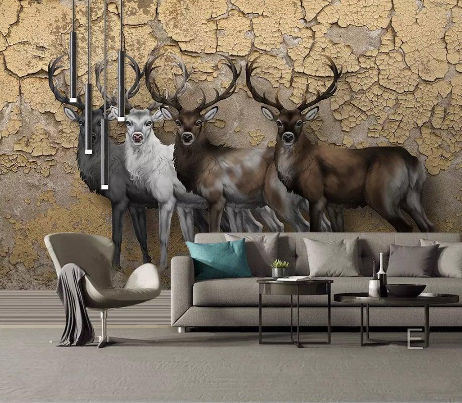 3D Broken wall, Realistic, Elk Wallpaper- Jess Art Decoration