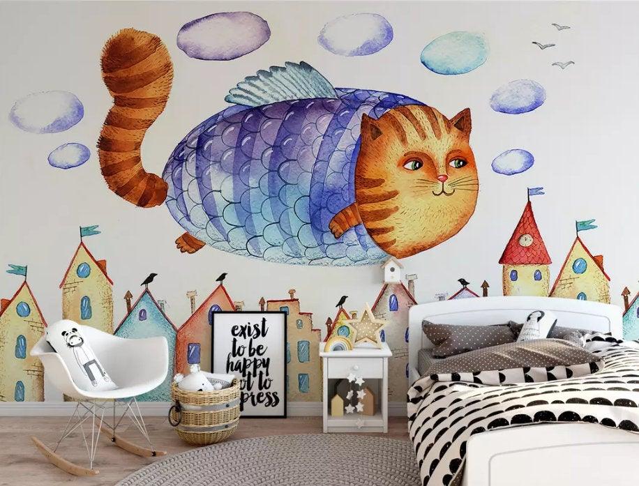 3D Kids, Cartoon, Flying, Fat cat Wallpaper-Nursery- Jess Art Decoration