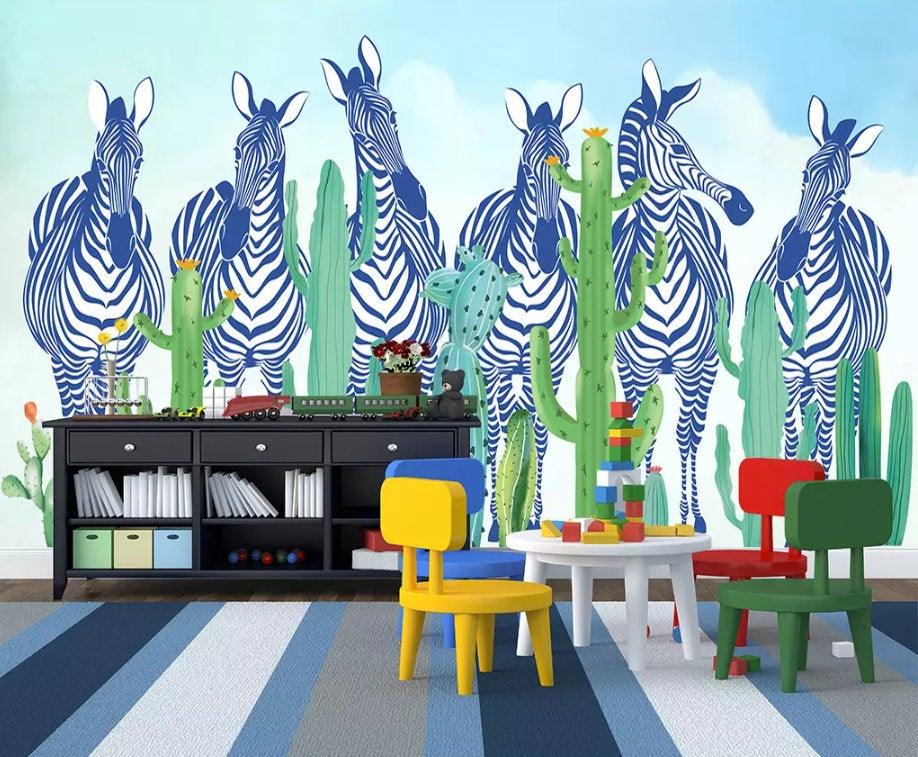 3D Kids, Zebra herds, Tropical plant Wallpaper-Nursery- Jess Art Decoration