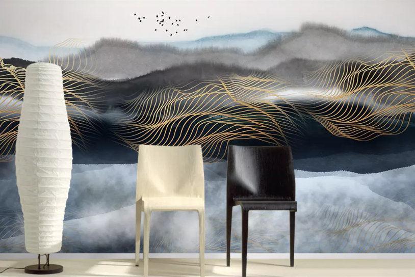 3D Chinese style, Golden line, Abstract landscape Wallpaper- Jess Art Decoration