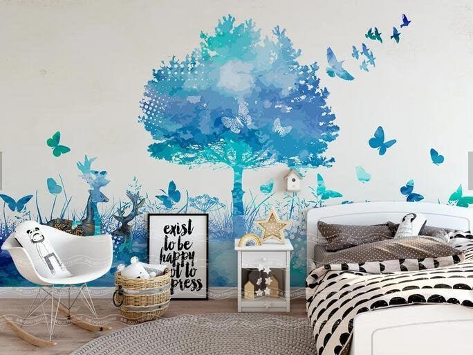 3D Kids,Blue-tones,Watercolor,Forest Wallpaper-Nursery- Jess Art Decoration