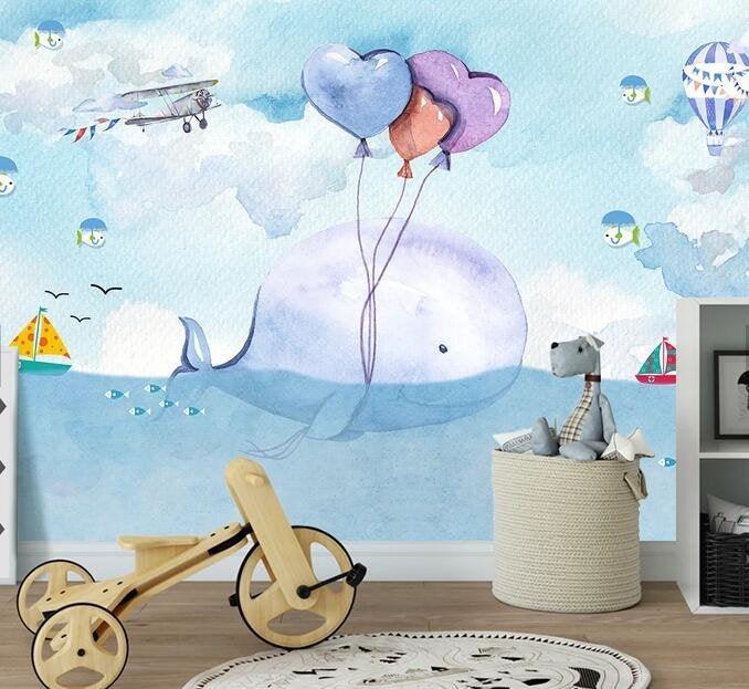 3D Kids, Cartoon, Whale, balloons Wallpaper-Nursery- Jess Art Decoration