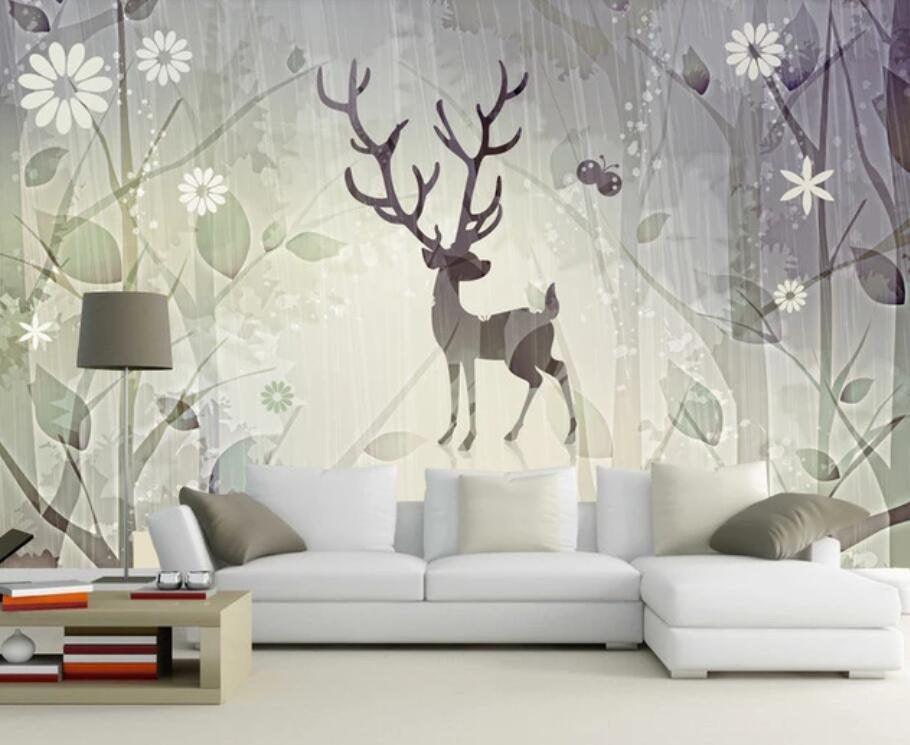3D Cartoon, Elk, Flower Wallpaper- Jess Art Decoration