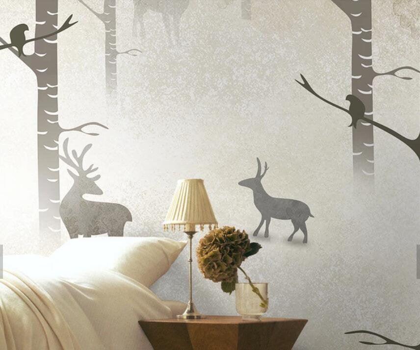 3D Birch forest, Elk, Snow scene Wallpaper- Jess Art Decoration
