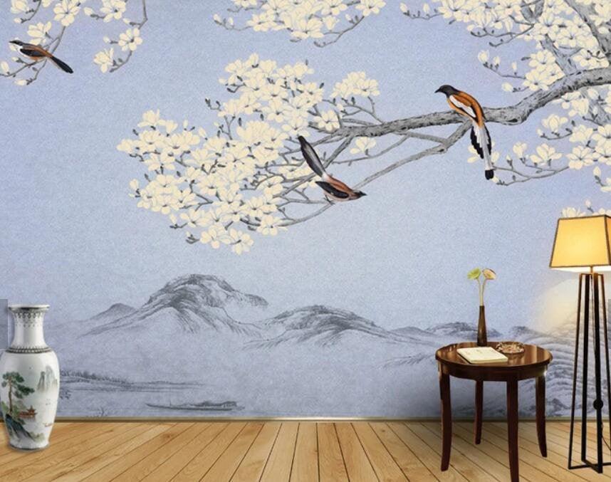 3D Chinese style, Hand-painted, Branch, Magpies Wallpaper- Jess Art Decoration