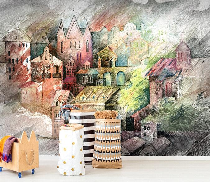 3D Pencil painting, castle in the clouds Wallpaper- Jess Art Decoration