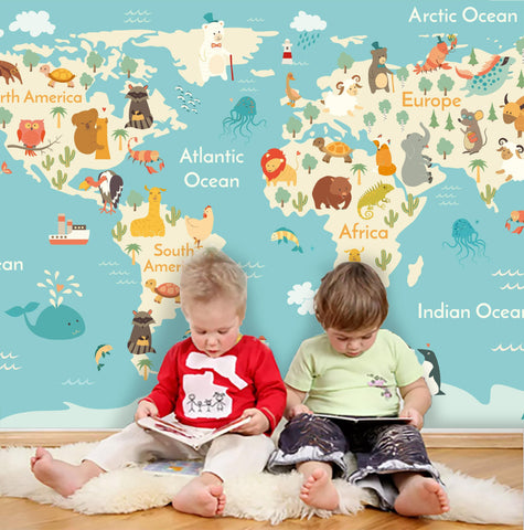 3D Kids, Cartoon animals, World map Wallpaper-Nursery- Jess Art Decoration