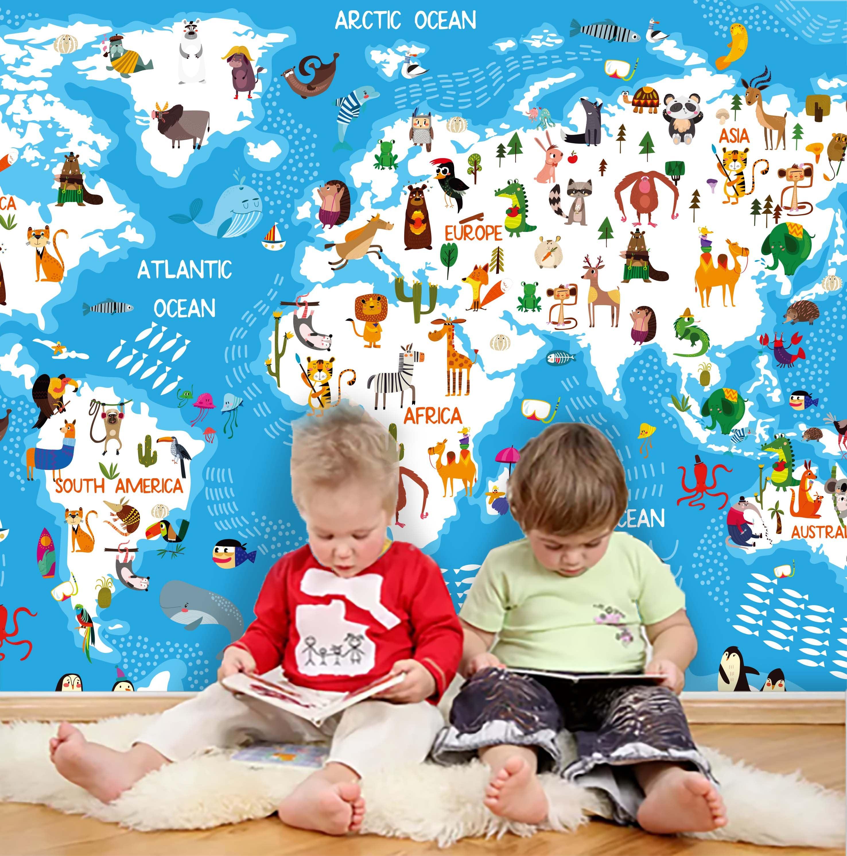 3D Kids, Cartoon animal, World map Wallpaper-Nursery- Jess Art Decoration