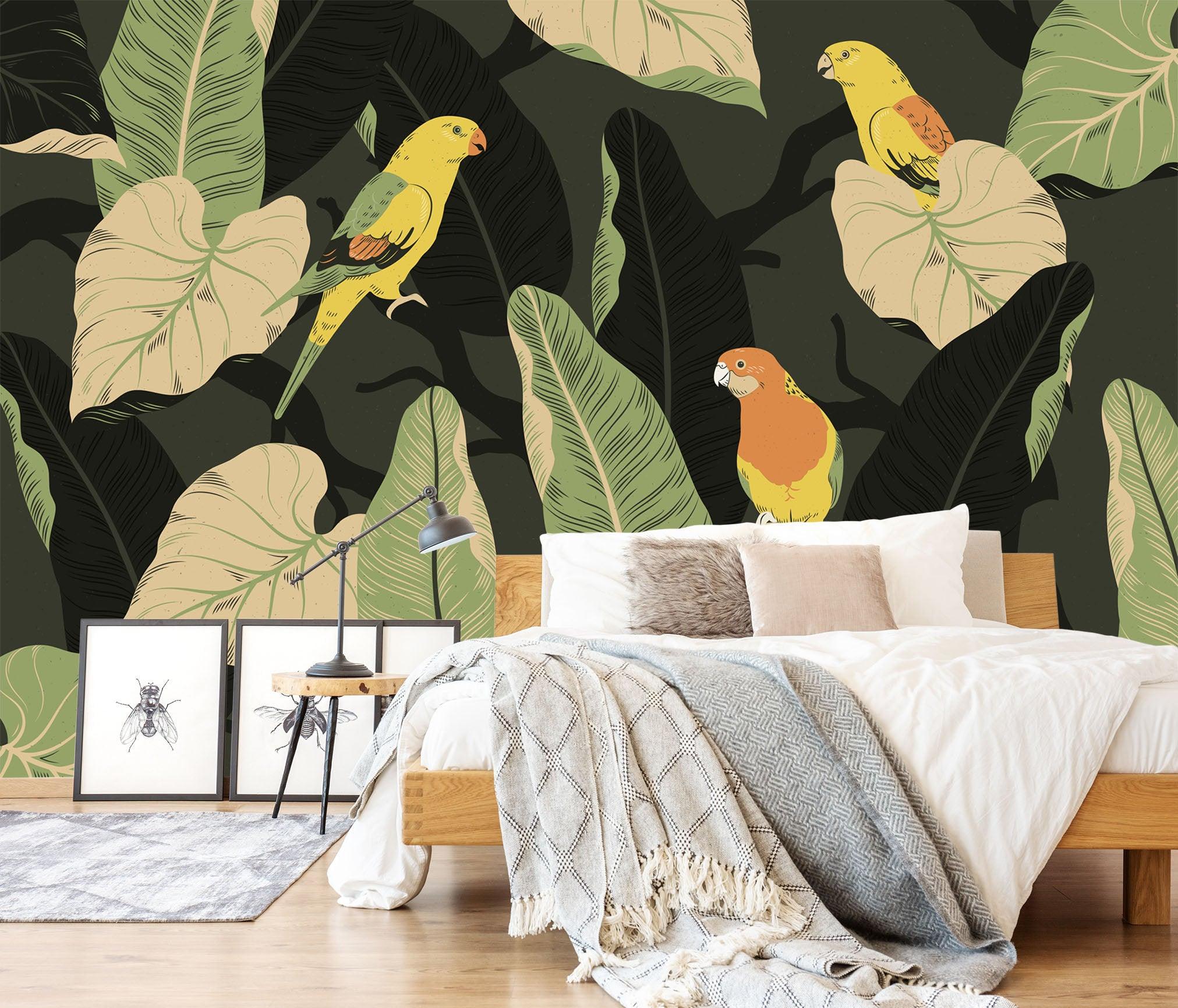 3D Hand-painted, Vintage, Jungle, Leaf, Bird Wallpaper- Jess Art Decoration