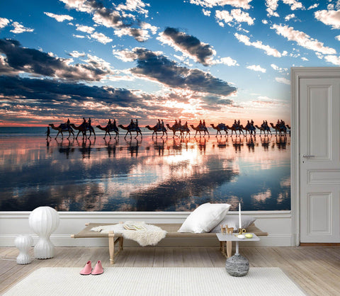 3D Sunny evening, Lake reflection, Camel herd Wallpaper- Jess Art Decoration