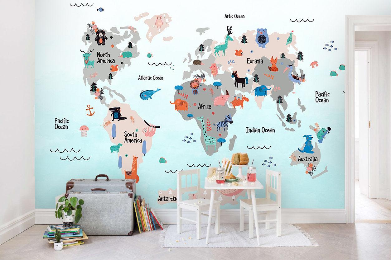 3D Kids,Cartoon,Grey-tones,World map Wallpaper-Nursery- Jess Art Decoration