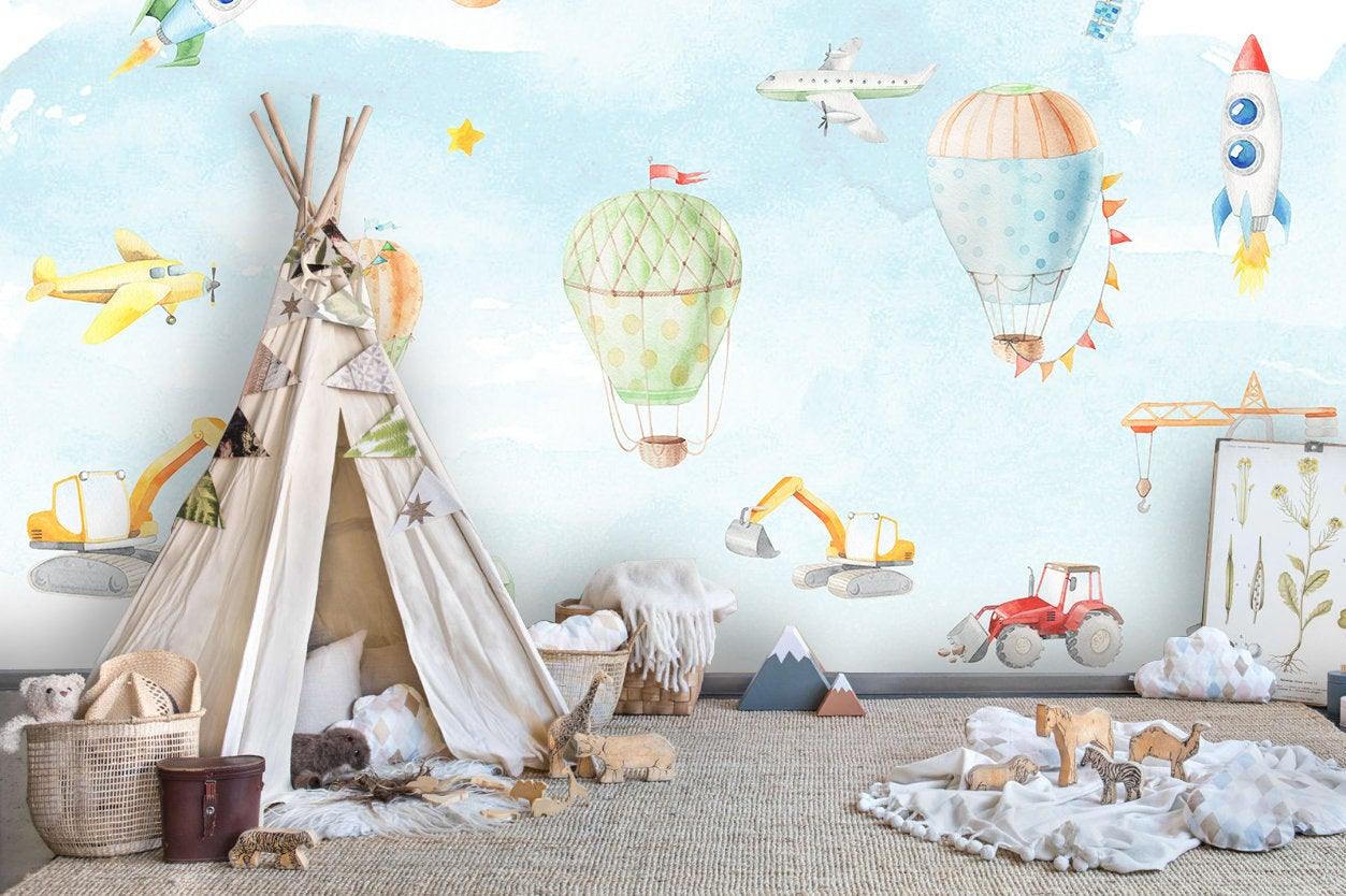 3D Kids, Cartoon, Hot air balloon Wallpaper-Nursery- Jess Art Decoration