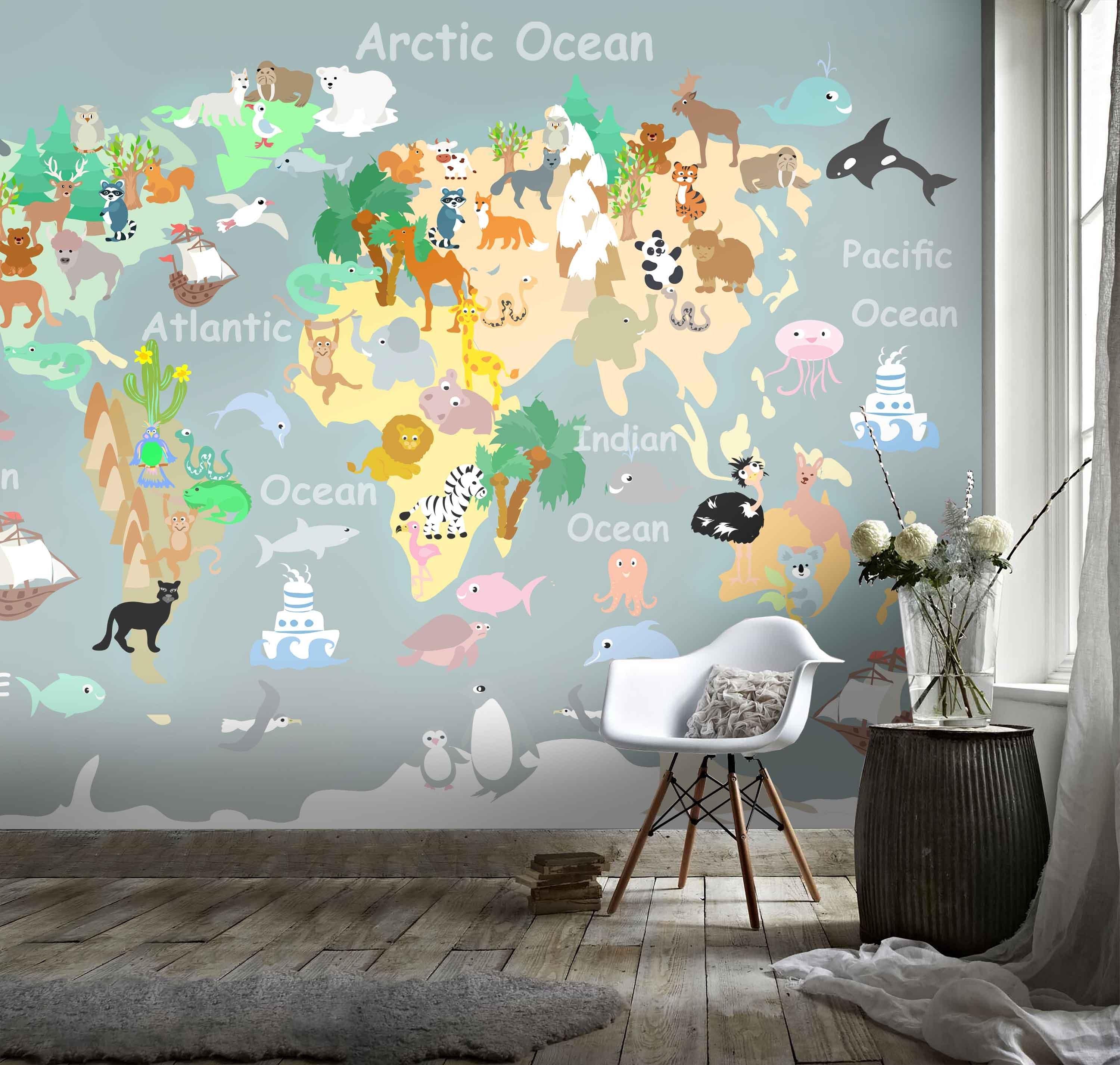 3D Kids, Cartoon, Animal, World map Wallpaper-Nursery- Jess Art Decoration