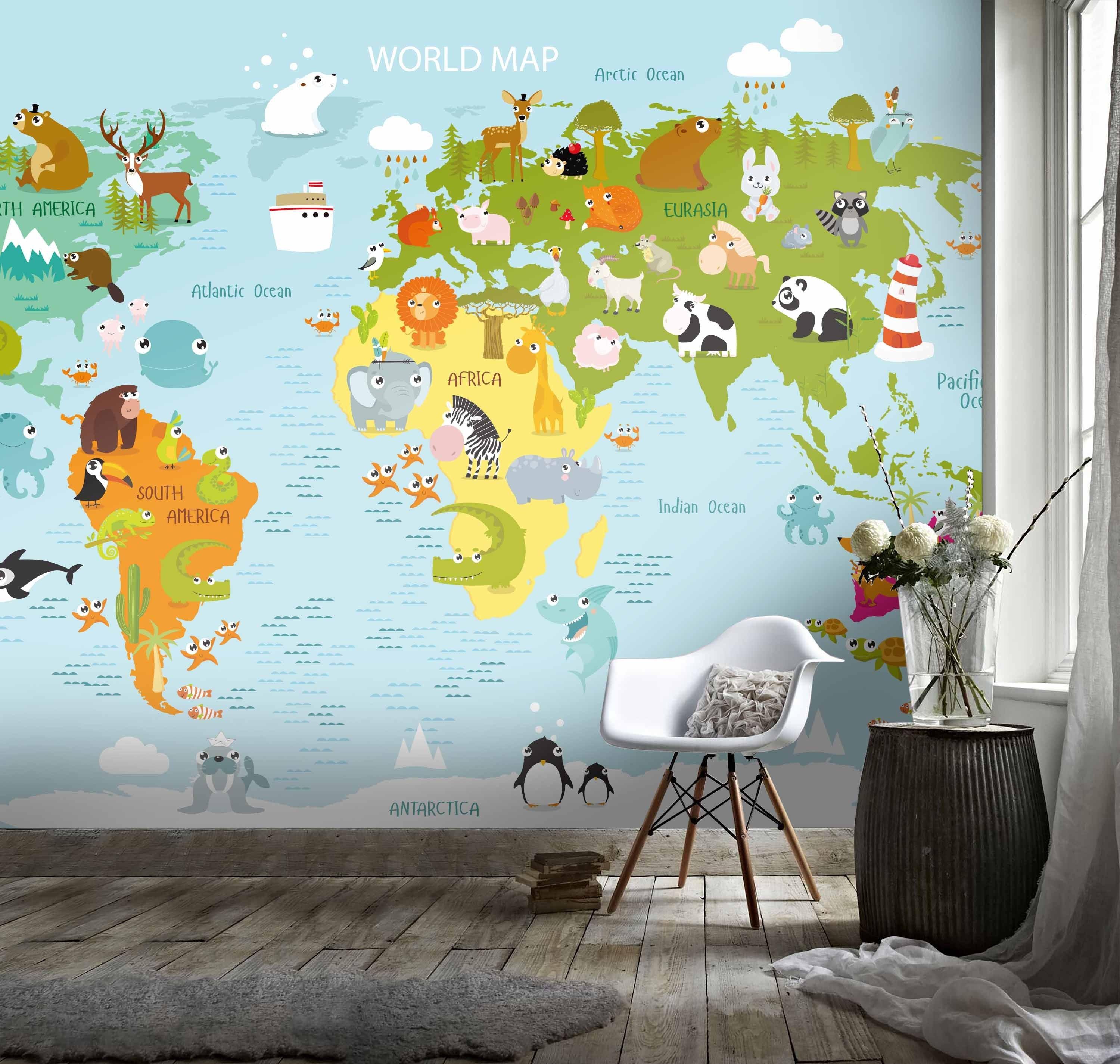 3D Kids, Cartoon, Animal, World map Wallpaper-Nursery- Jess Art Decoration