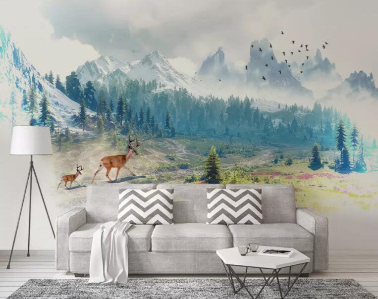 3D Hand painted, Snow mountain, Plain scenery, Deer Wallpaper- Jess Art Decoration