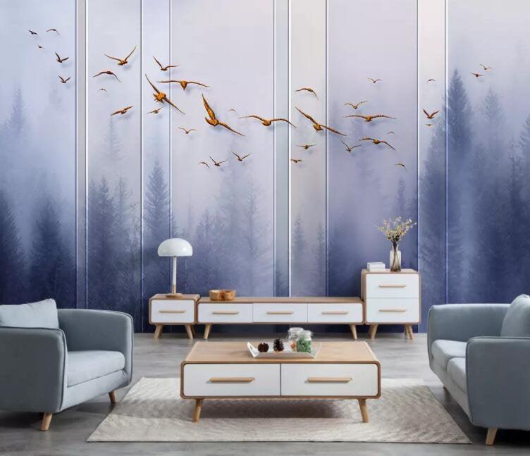 3D Pine forest, Haze, Bird Wallpaper- Jess Art Decoration