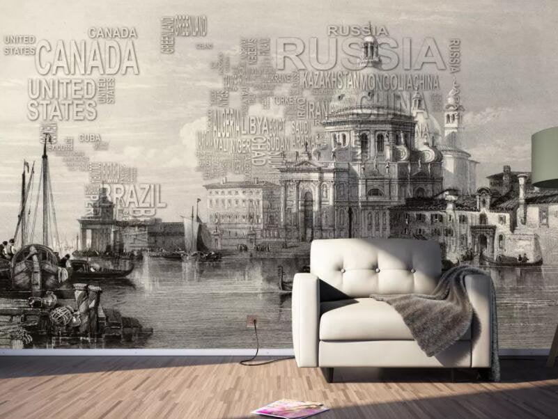 3D Famous building, Country name, Abstract world map Wallpaper- Jess Art Decoration