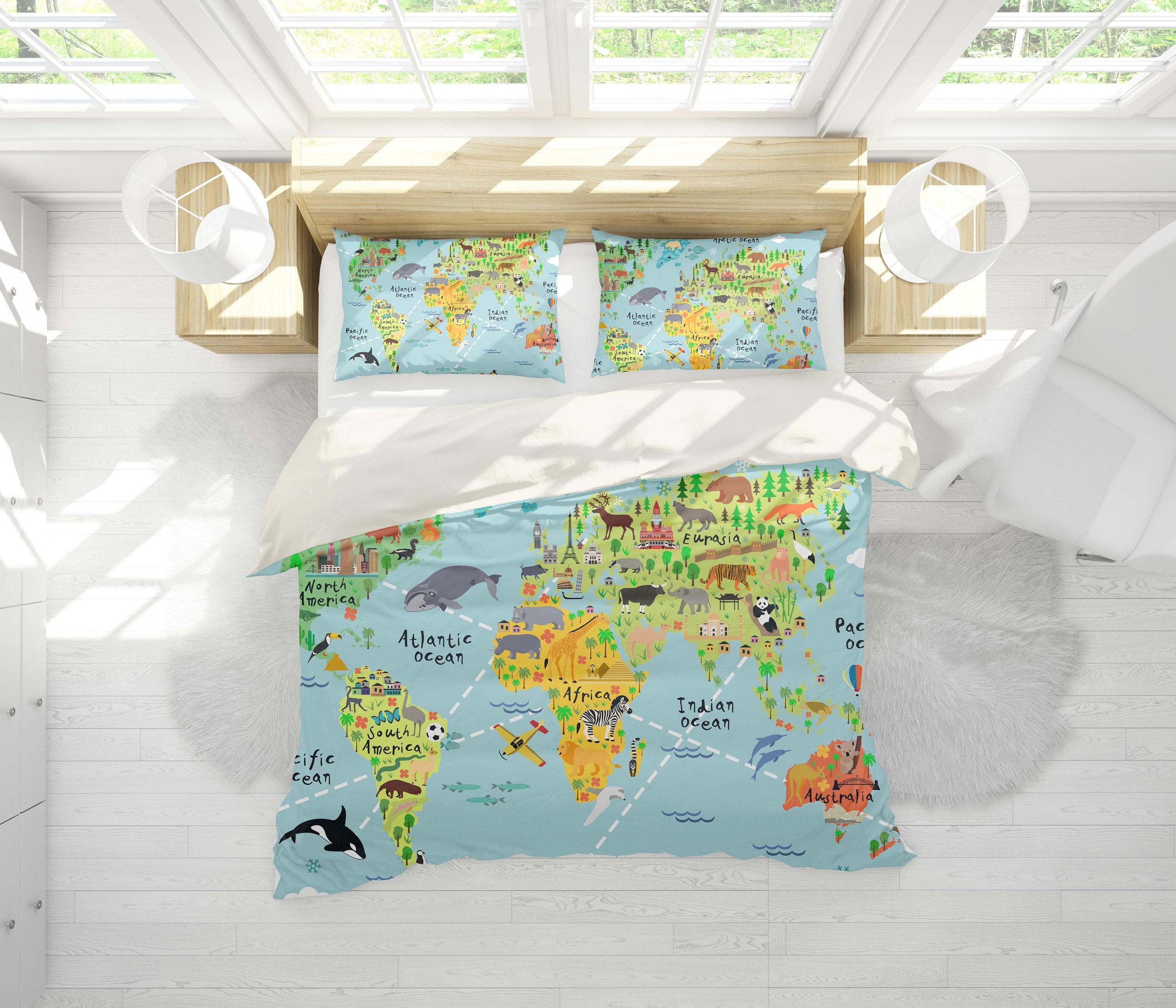 3D Cartoon, World map Bedding Set Quilt Cover Quilt Duvet Cover ,Pillowcases Personalized  Bedding,Queen, King ,Full, Double 3 Pcs- Jess Art Decoration