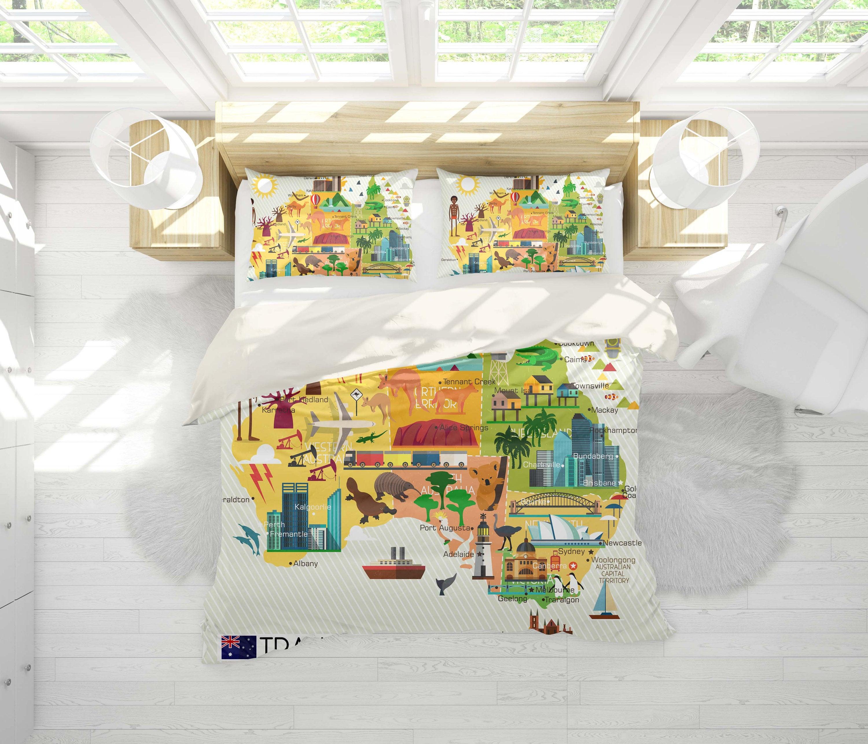 3D Cartoon, Map of Australia Bedding Set Quilt Cover Quilt Duvet Cover ,Pillowcases Personalized  Bedding,Queen, King ,Full, Double 3 Pcs- Jess Art Decoration