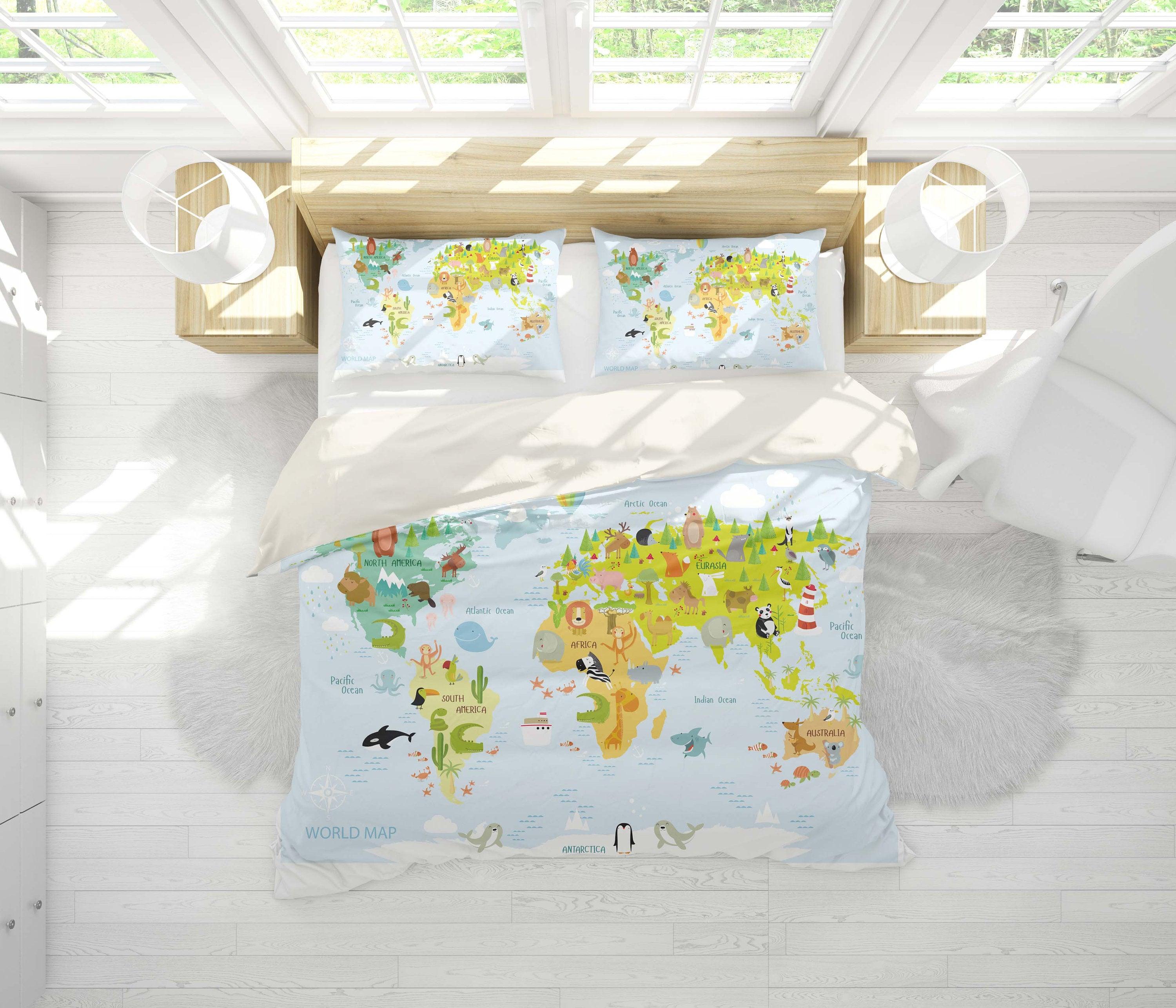 3D Light-color, World map Bedding Set Quilt Cover Quilt Duvet Cover ,Pillowcases Personalized  Bedding,Queen, King ,Full, Double 3 Pcs- Jess Art Decoration