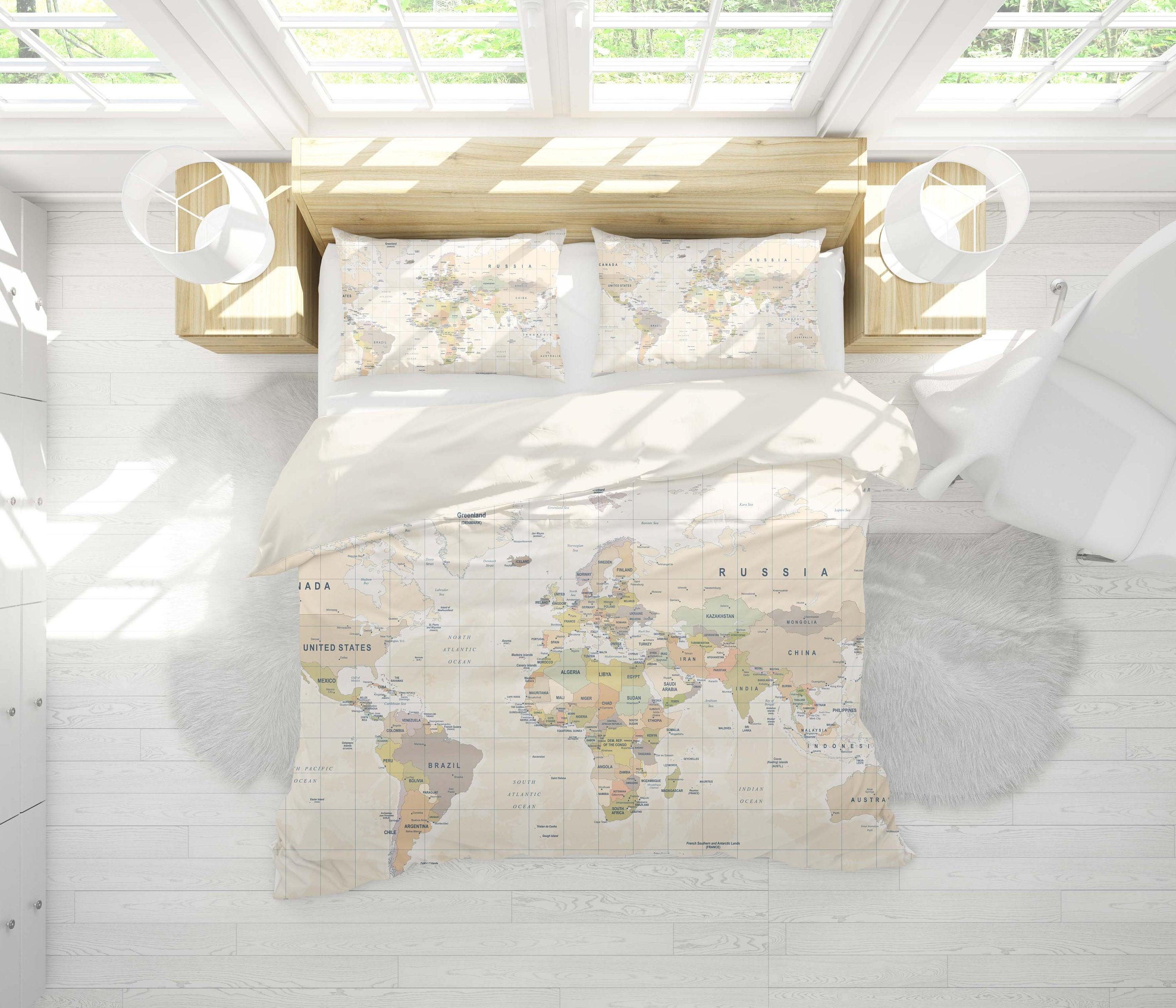 3D Warm-tones, World map Bedding Set Quilt Cover Quilt Duvet Cover ,Pillowcases Personalized  Bedding,Queen, King ,Full, Double 3 Pcs- Jess Art Decoration