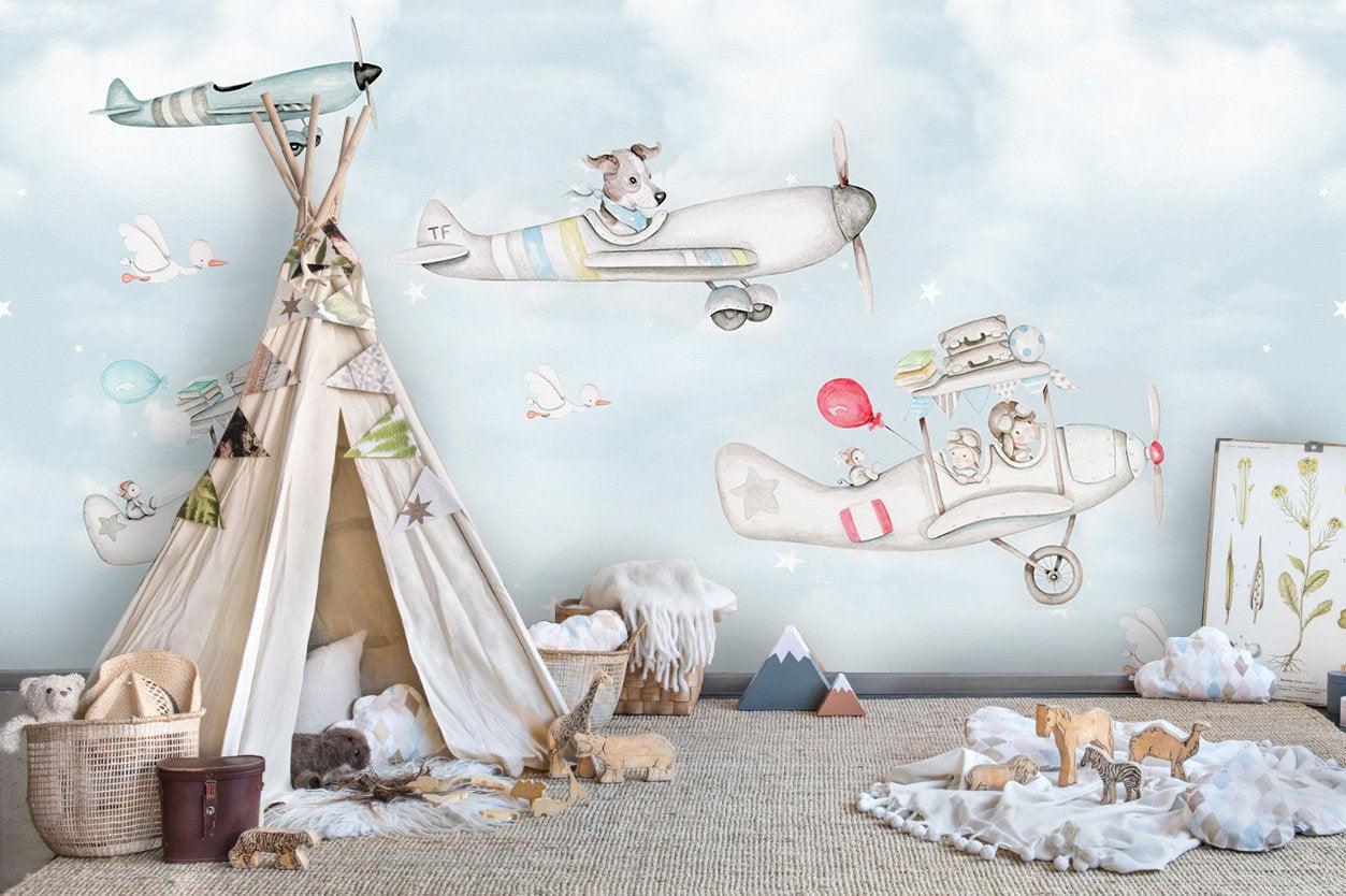 3D Kids,Watercolor,Cartoon,Dog pilot Wallpaper-Nursery- Jess Art Decoration