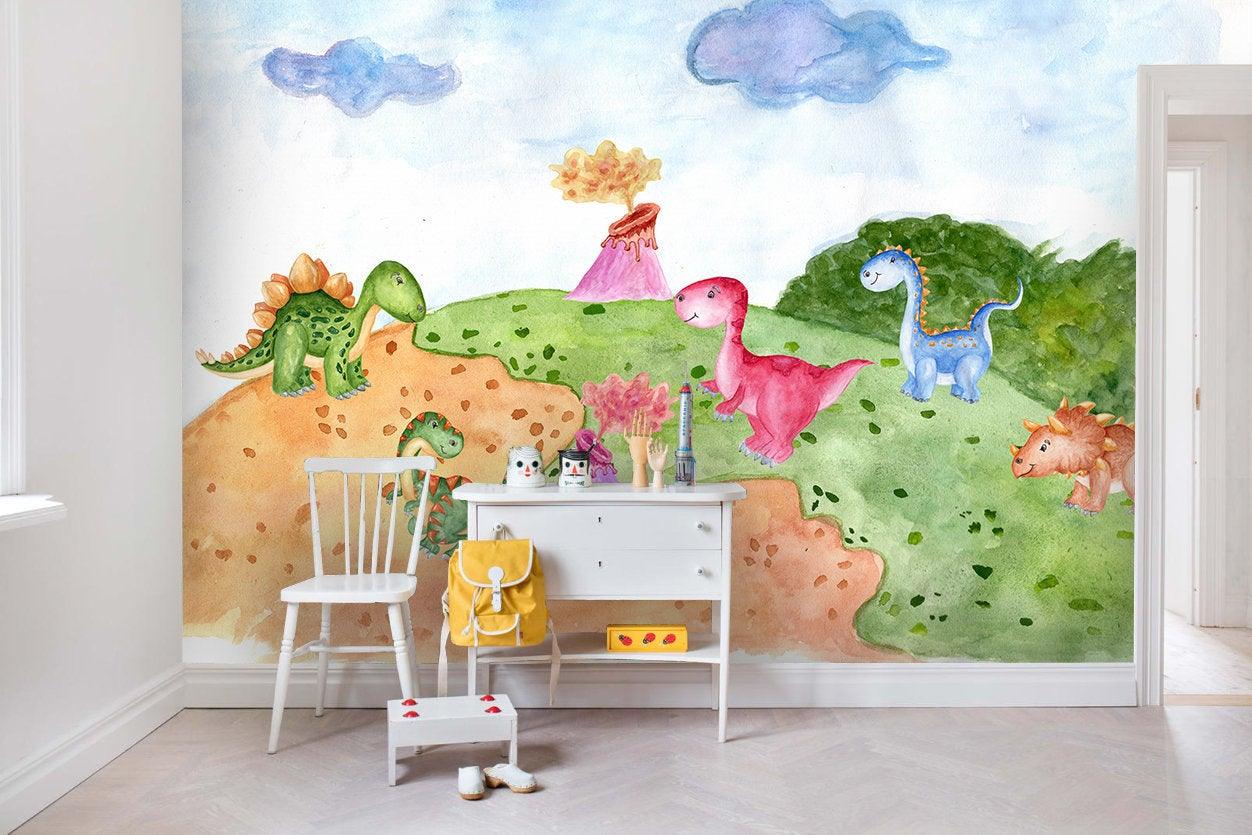 3D Kids, Cartoon, Colorful dinosaur Wallpaper-Nursery- Jess Art Decoration