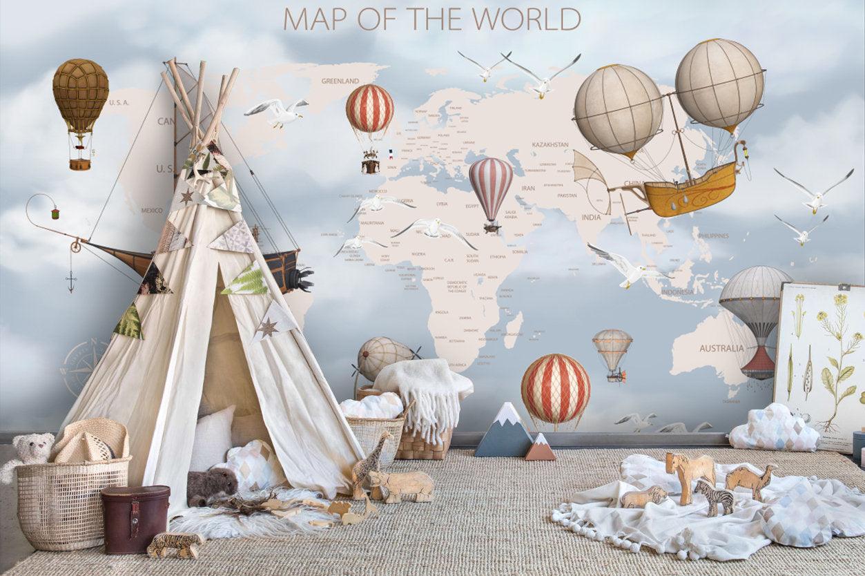 3D Vintage, Hot air balloon, World map Wallpaper- Jess Art Decoration
